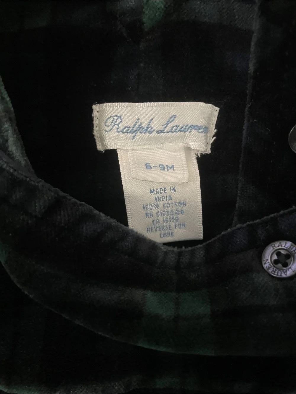 Ralph Lauren Baby Green & Black Plaid Velvet Overalls Sz:6-9M